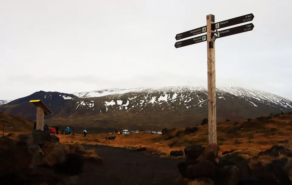 Panneau indicateur sur le parking de Djúpalónssandur, avec le glacier enneigé à l’arrière-plan